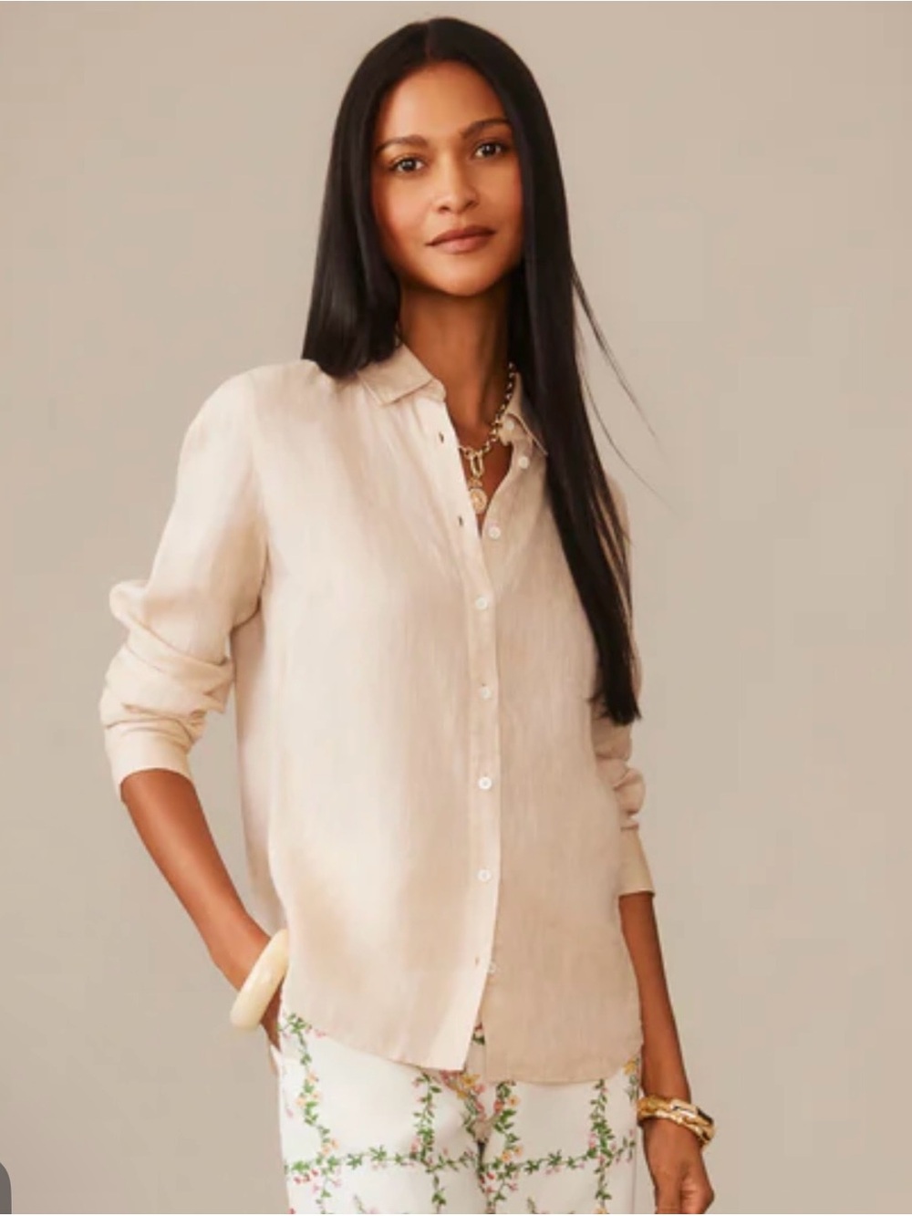 J. McLaughlin Linen Taupe stripe Button-Front Shirt